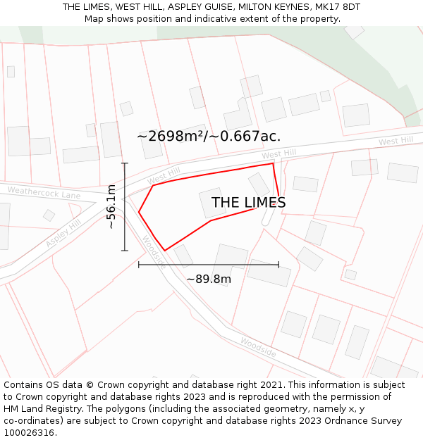 THE LIMES, WEST HILL, ASPLEY GUISE, MILTON KEYNES, MK17 8DT: Plot and title map