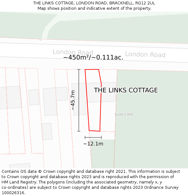 THE LINKS COTTAGE, LONDON ROAD, BRACKNELL, RG12 2UL: Plot and title map