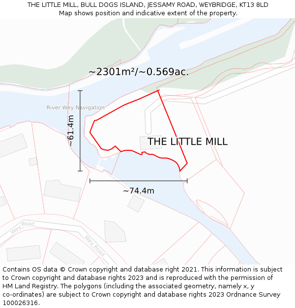 THE LITTLE MILL, BULL DOGS ISLAND, JESSAMY ROAD, WEYBRIDGE, KT13 8LD: Plot and title map