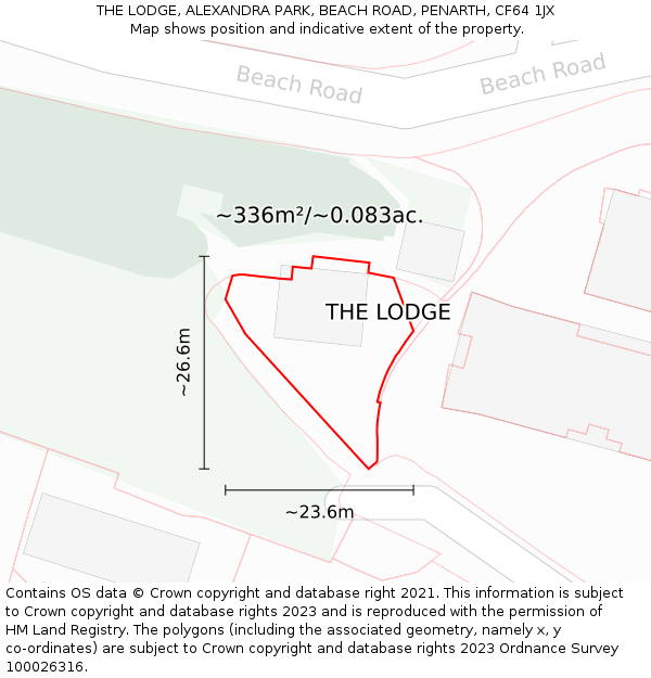 THE LODGE, ALEXANDRA PARK, BEACH ROAD, PENARTH, CF64 1JX: Plot and title map