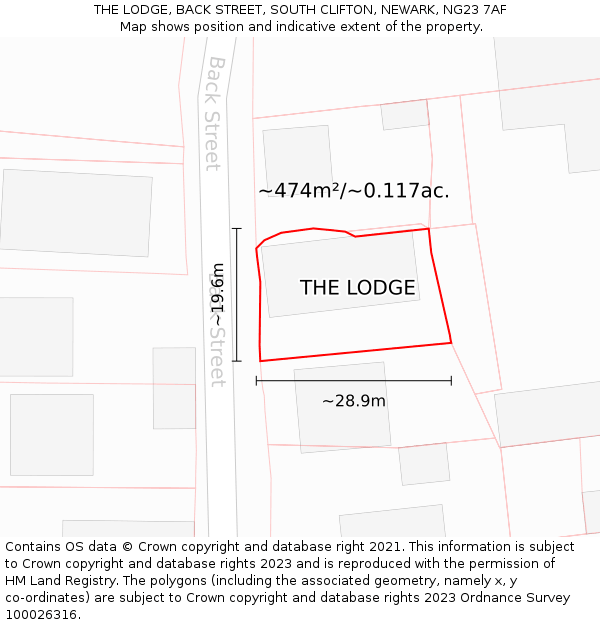 THE LODGE, BACK STREET, SOUTH CLIFTON, NEWARK, NG23 7AF: Plot and title map