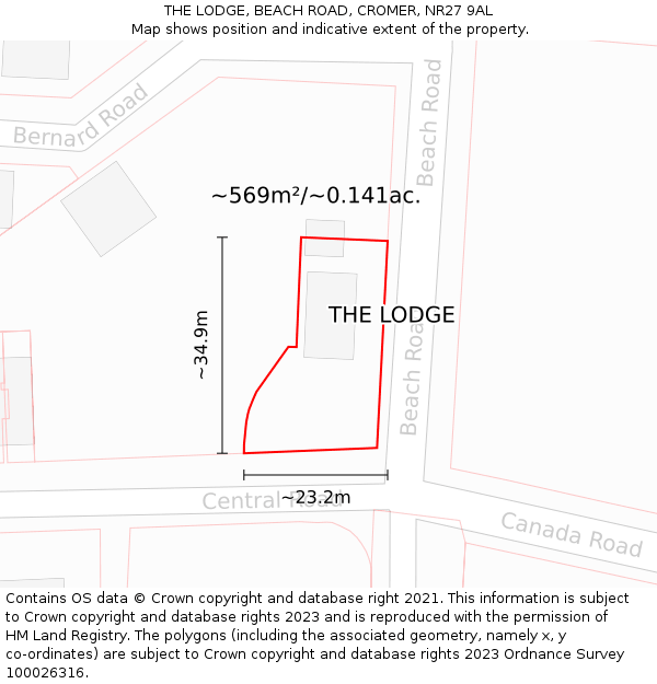 THE LODGE, BEACH ROAD, CROMER, NR27 9AL: Plot and title map