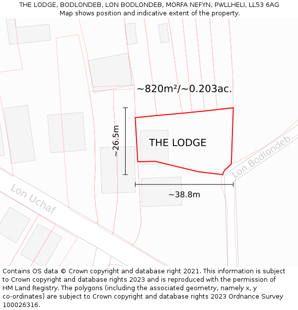THE LODGE, BODLONDEB, LON BODLONDEB, MORFA NEFYN, PWLLHELI, LL53 6AG: Plot and title map
