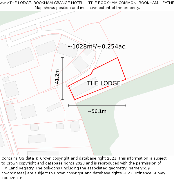 THE LODGE, BOOKHAM GRANGE HOTEL, LITTLE BOOKHAM COMMON, BOOKHAM, LEATHERHEAD, KT23 3HS: Plot and title map