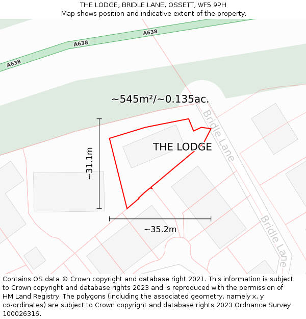 THE LODGE, BRIDLE LANE, OSSETT, WF5 9PH: Plot and title map