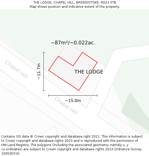 THE LODGE, CHAPEL HILL, BASINGSTOKE, RG21 5TB: Plot and title map