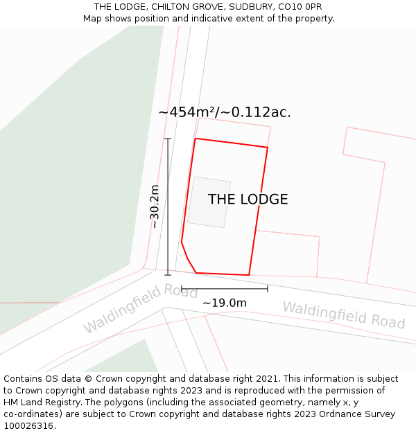 THE LODGE, CHILTON GROVE, SUDBURY, CO10 0PR: Plot and title map