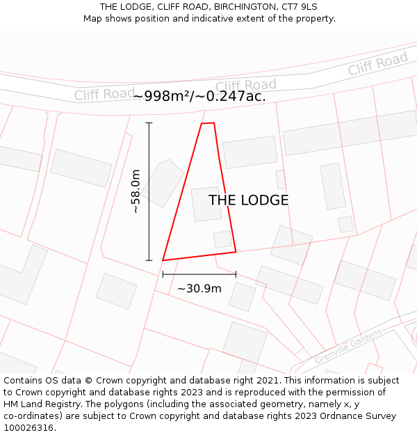THE LODGE, CLIFF ROAD, BIRCHINGTON, CT7 9LS: Plot and title map