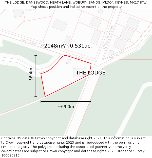 THE LODGE, DANESWOOD, HEATH LANE, WOBURN SANDS, MILTON KEYNES, MK17 8TW: Plot and title map