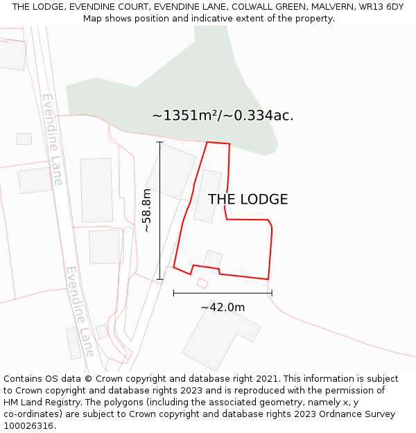 THE LODGE, EVENDINE COURT, EVENDINE LANE, COLWALL GREEN, MALVERN, WR13 6DY: Plot and title map