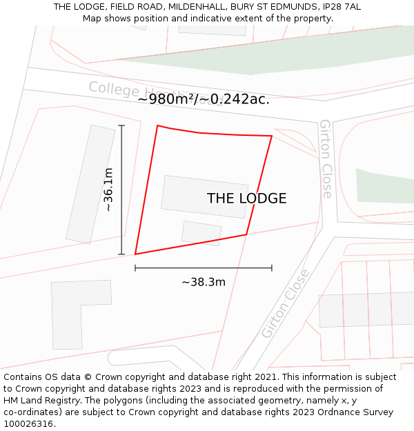 THE LODGE, FIELD ROAD, MILDENHALL, BURY ST EDMUNDS, IP28 7AL: Plot and title map