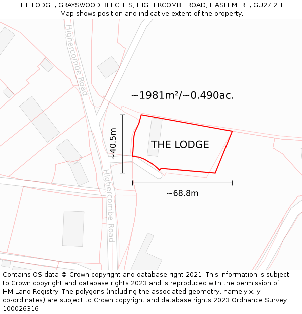 THE LODGE, GRAYSWOOD BEECHES, HIGHERCOMBE ROAD, HASLEMERE, GU27 2LH: Plot and title map