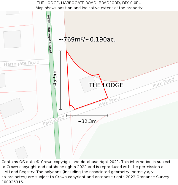 THE LODGE, HARROGATE ROAD, BRADFORD, BD10 0EU: Plot and title map