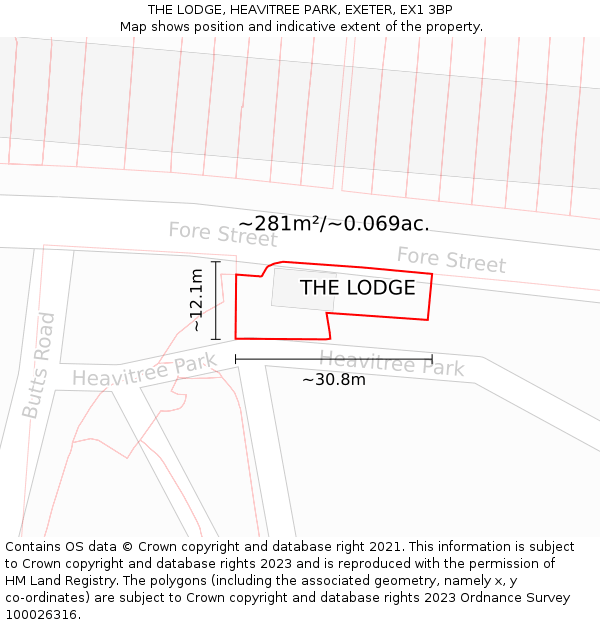 THE LODGE, HEAVITREE PARK, EXETER, EX1 3BP: Plot and title map