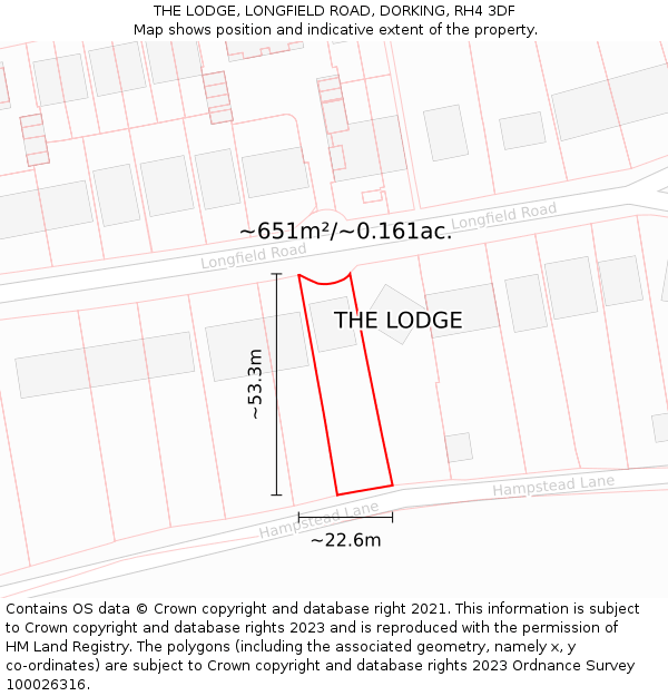 THE LODGE, LONGFIELD ROAD, DORKING, RH4 3DF: Plot and title map