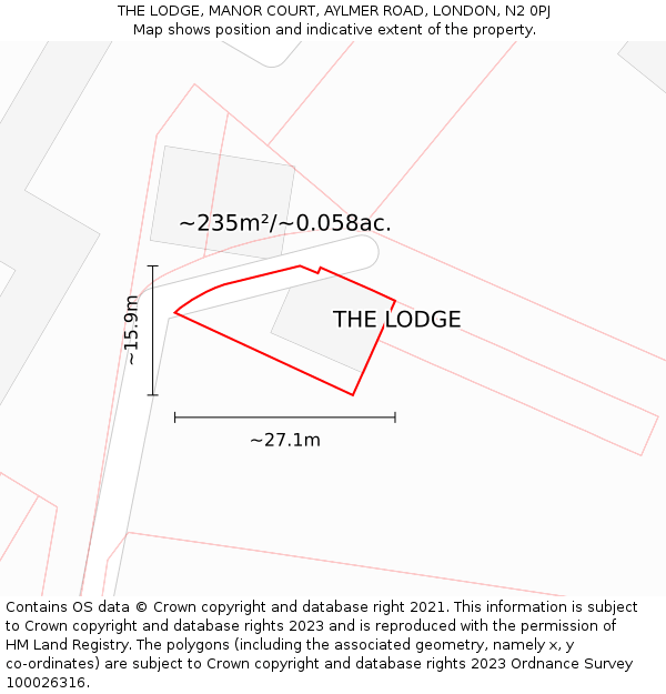 THE LODGE, MANOR COURT, AYLMER ROAD, LONDON, N2 0PJ: Plot and title map