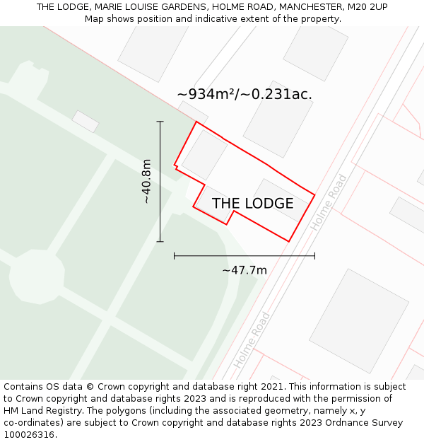 THE LODGE, MARIE LOUISE GARDENS, HOLME ROAD, MANCHESTER, M20 2UP: Plot and title map