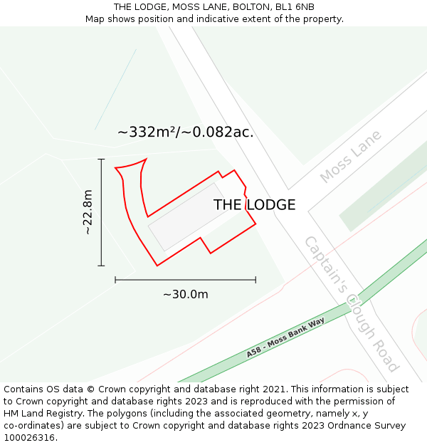 THE LODGE, MOSS LANE, BOLTON, BL1 6NB: Plot and title map
