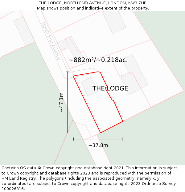 THE LODGE, NORTH END AVENUE, LONDON, NW3 7HP: Plot and title map