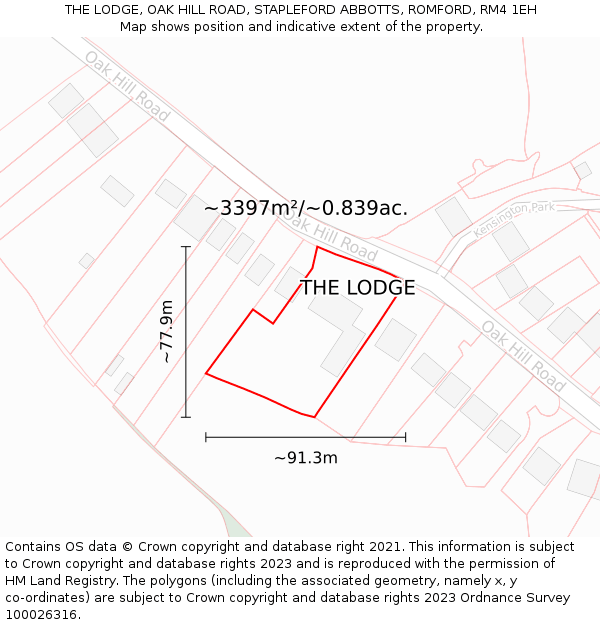 THE LODGE, OAK HILL ROAD, STAPLEFORD ABBOTTS, ROMFORD, RM4 1EH: Plot and title map