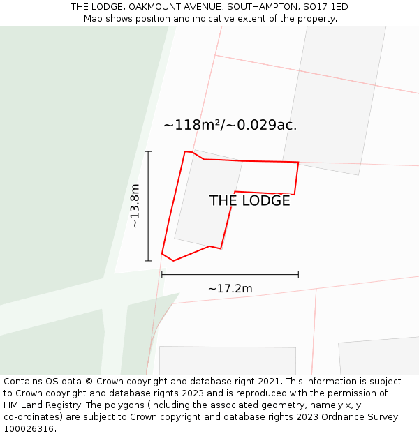 THE LODGE, OAKMOUNT AVENUE, SOUTHAMPTON, SO17 1ED: Plot and title map
