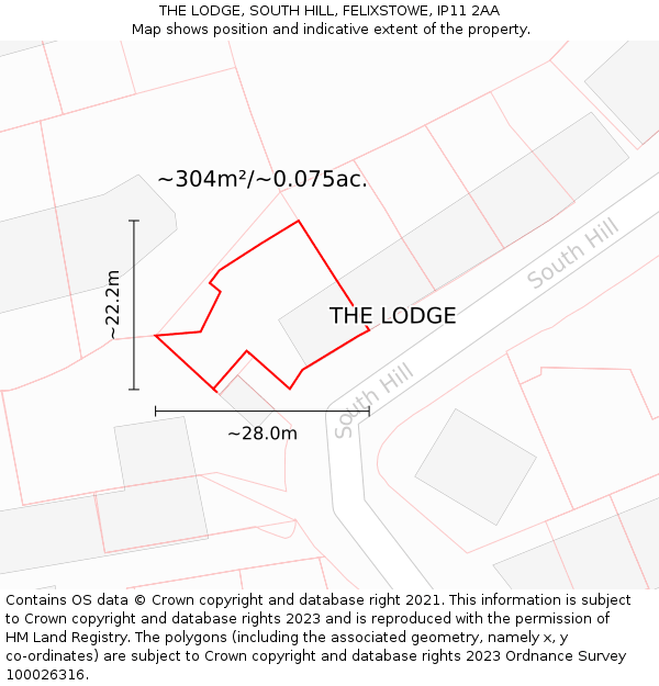 THE LODGE, SOUTH HILL, FELIXSTOWE, IP11 2AA: Plot and title map