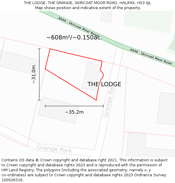 THE LODGE, THE GRANGE, SKIRCOAT MOOR ROAD, HALIFAX, HX3 0JL: Plot and title map