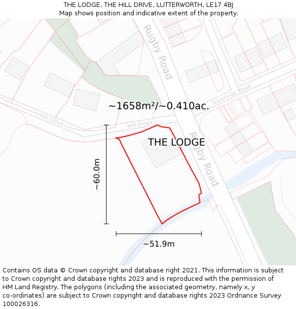 THE LODGE, THE HILL DRIVE, LUTTERWORTH, LE17 4BJ: Plot and title map
