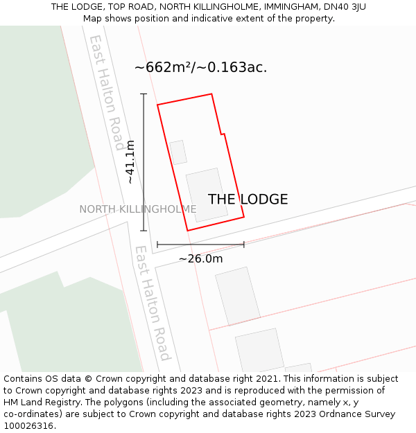 THE LODGE, TOP ROAD, NORTH KILLINGHOLME, IMMINGHAM, DN40 3JU: Plot and title map