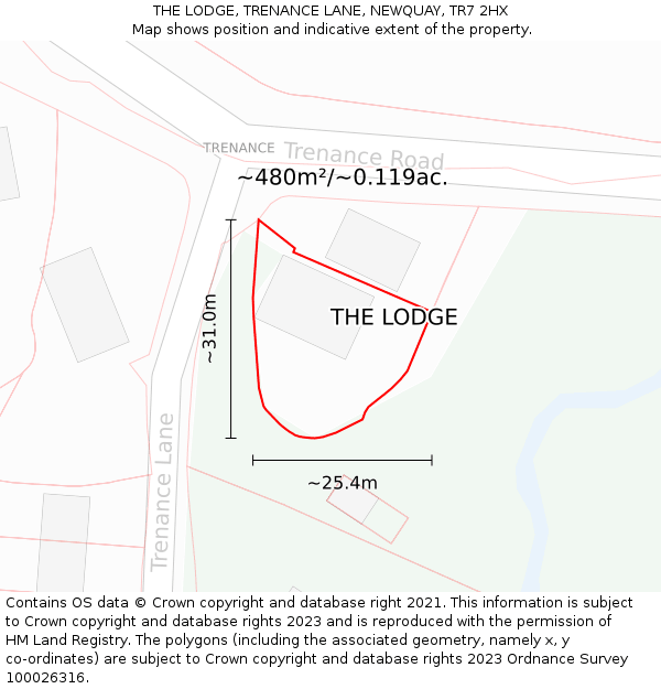 THE LODGE, TRENANCE LANE, NEWQUAY, TR7 2HX: Plot and title map