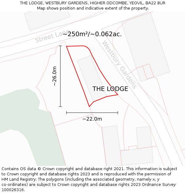 THE LODGE, WESTBURY GARDENS, HIGHER ODCOMBE, YEOVIL, BA22 8UR: Plot and title map