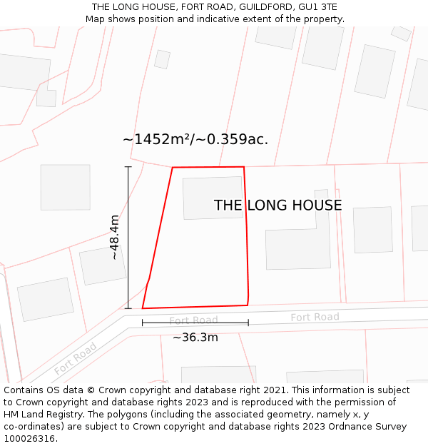 THE LONG HOUSE, FORT ROAD, GUILDFORD, GU1 3TE: Plot and title map