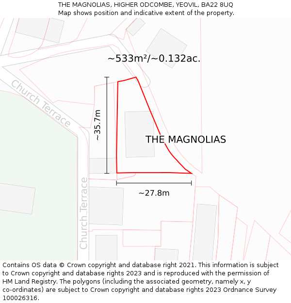 THE MAGNOLIAS, HIGHER ODCOMBE, YEOVIL, BA22 8UQ: Plot and title map