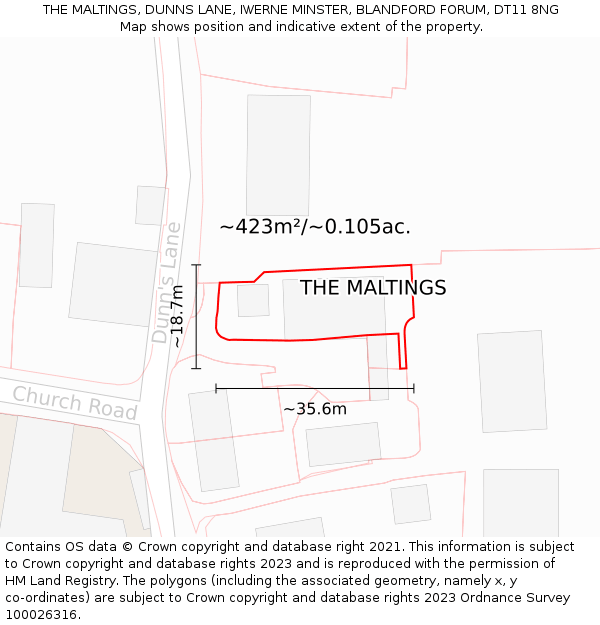 THE MALTINGS, DUNNS LANE, IWERNE MINSTER, BLANDFORD FORUM, DT11 8NG: Plot and title map