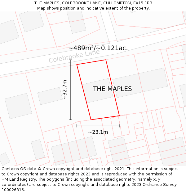 THE MAPLES, COLEBROOKE LANE, CULLOMPTON, EX15 1PB: Plot and title map