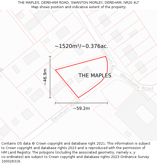 THE MAPLES, DEREHAM ROAD, SWANTON MORLEY, DEREHAM, NR20 4LT: Plot and title map