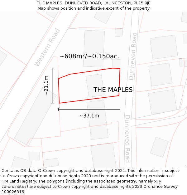 THE MAPLES, DUNHEVED ROAD, LAUNCESTON, PL15 9JE: Plot and title map