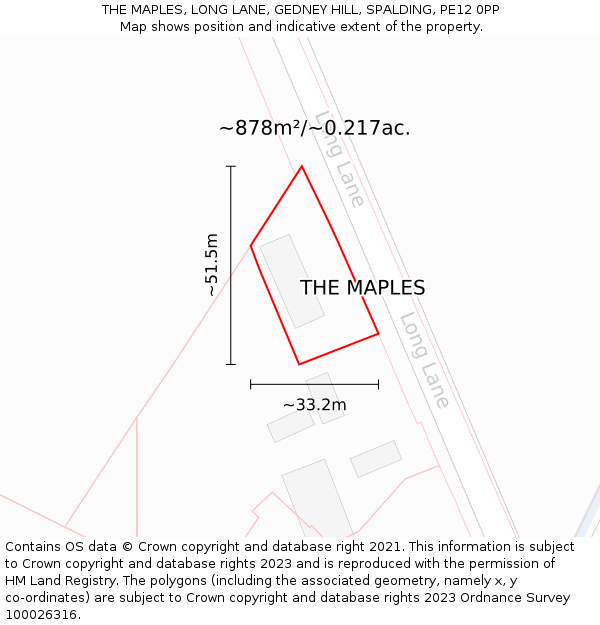 THE MAPLES, LONG LANE, GEDNEY HILL, SPALDING, PE12 0PP: Plot and title map