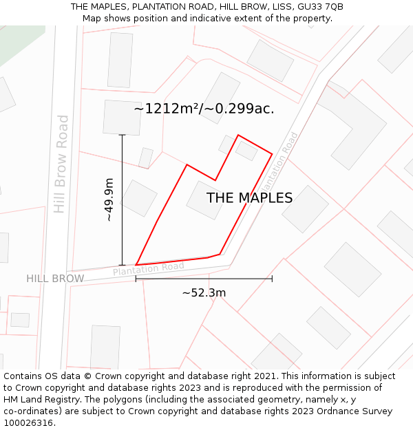 THE MAPLES, PLANTATION ROAD, HILL BROW, LISS, GU33 7QB: Plot and title map