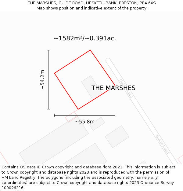 THE MARSHES, GUIDE ROAD, HESKETH BANK, PRESTON, PR4 6XS: Plot and title map