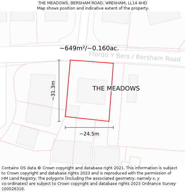 THE MEADOWS, BERSHAM ROAD, WREXHAM, LL14 4HD: Plot and title map