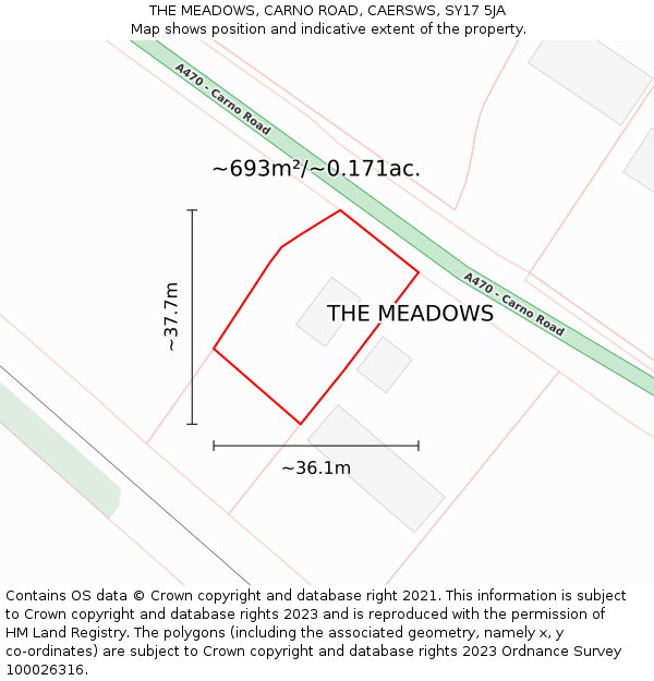 THE MEADOWS, CARNO ROAD, CAERSWS, SY17 5JA: Plot and title map
