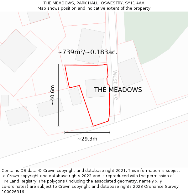 THE MEADOWS, PARK HALL, OSWESTRY, SY11 4AA: Plot and title map