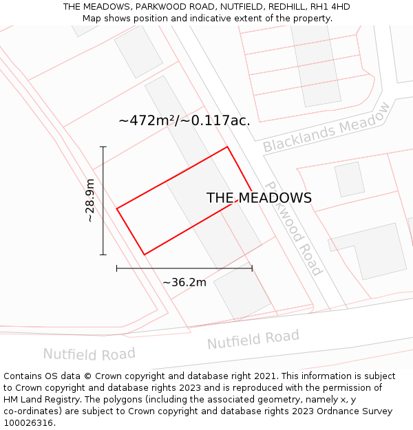 THE MEADOWS, PARKWOOD ROAD, NUTFIELD, REDHILL, RH1 4HD: Plot and title map