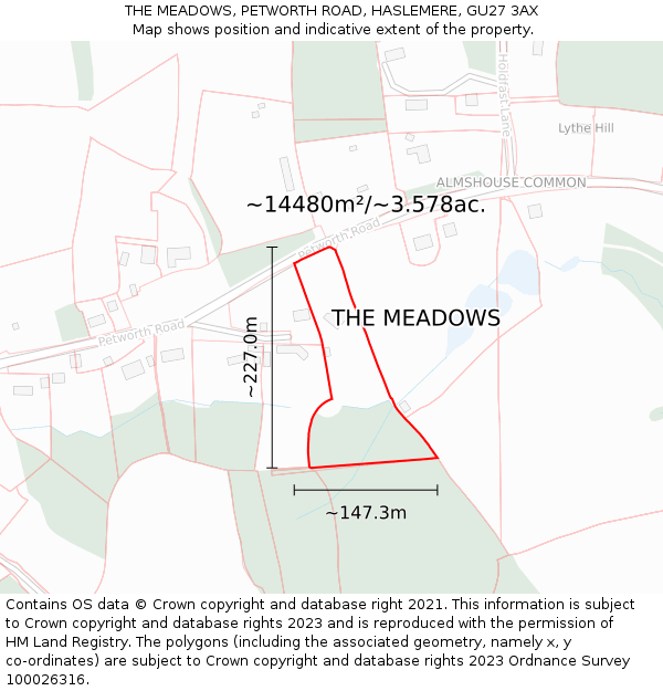THE MEADOWS, PETWORTH ROAD, HASLEMERE, GU27 3AX: Plot and title map