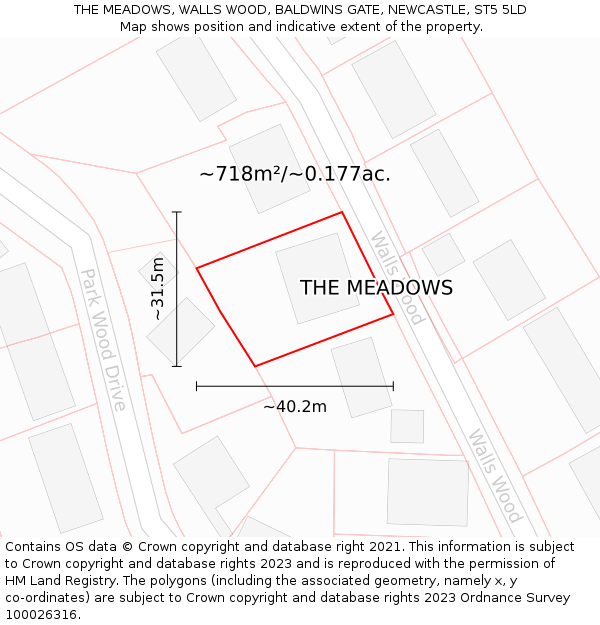 THE MEADOWS, WALLS WOOD, BALDWINS GATE, NEWCASTLE, ST5 5LD: Plot and title map