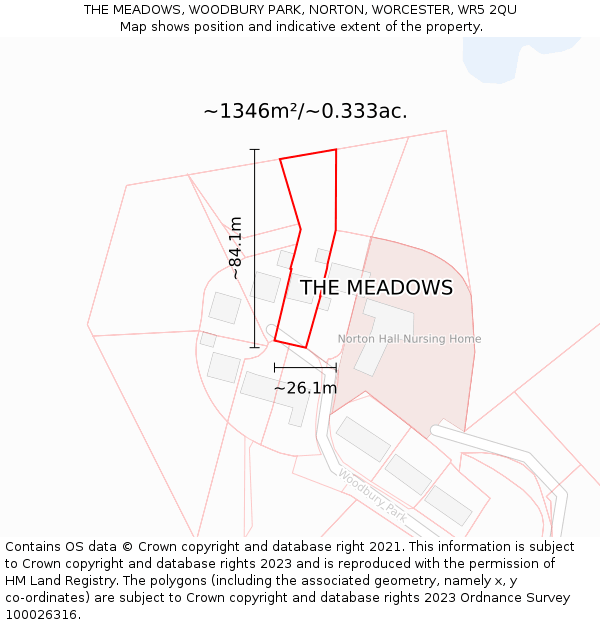THE MEADOWS, WOODBURY PARK, NORTON, WORCESTER, WR5 2QU: Plot and title map
