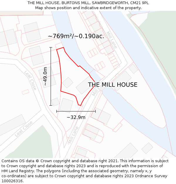 THE MILL HOUSE, BURTONS MILL, SAWBRIDGEWORTH, CM21 9PL: Plot and title map