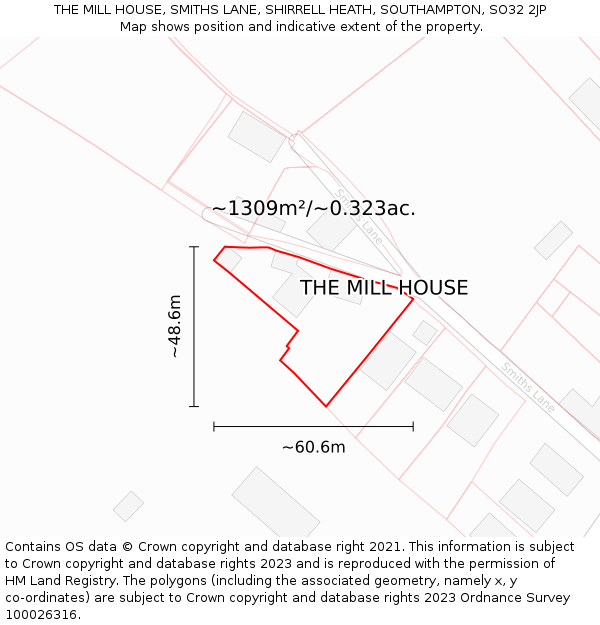 THE MILL HOUSE, SMITHS LANE, SHIRRELL HEATH, SOUTHAMPTON, SO32 2JP: Plot and title map