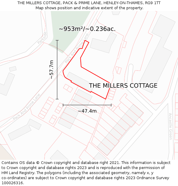 THE MILLERS COTTAGE, PACK & PRIME LANE, HENLEY-ON-THAMES, RG9 1TT: Plot and title map